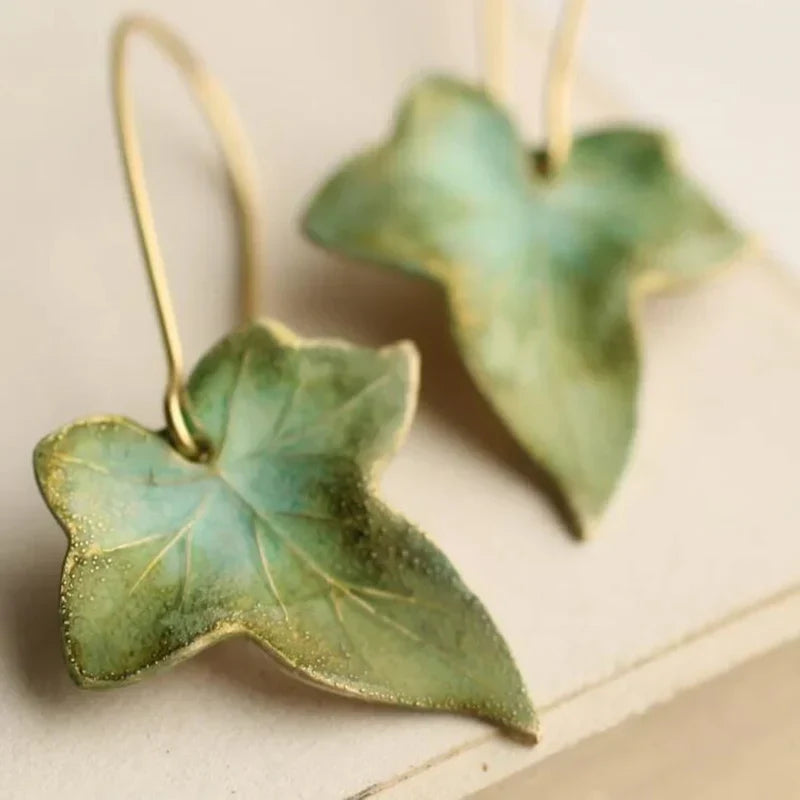 Antique Green Leaf Earrings | Gold 14k