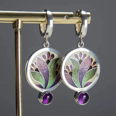 Vintage Boho Earrings with Purple Crystals | White Gold 16k