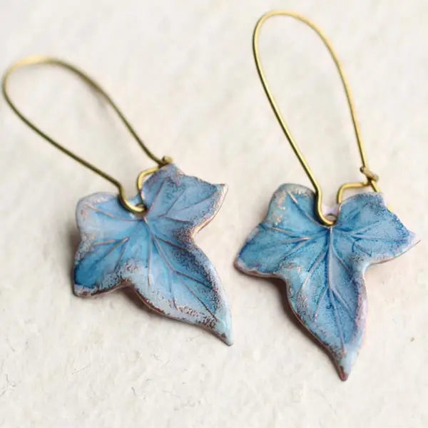 Vintage Leaf Earrings with Blue Enamel