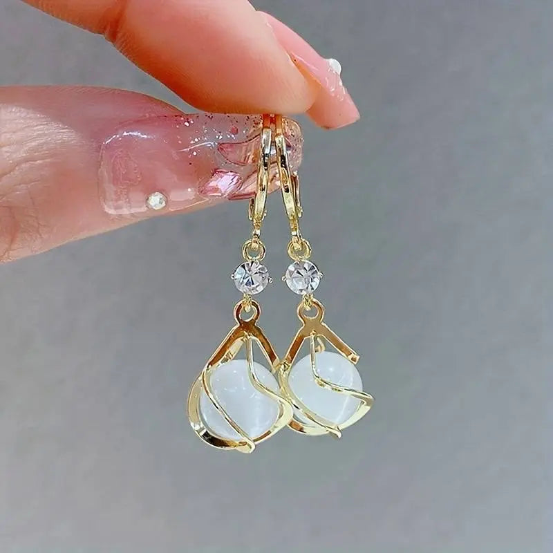 Vintage White Opal Drop Gold Earrings
