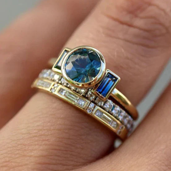 Antique Blue Elegant Ring Set | Gold 18k