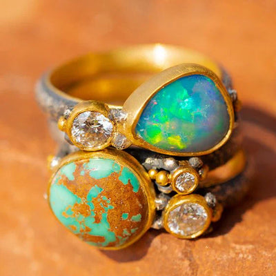 Antique Blue Opal Layered Ring | Gold 16k