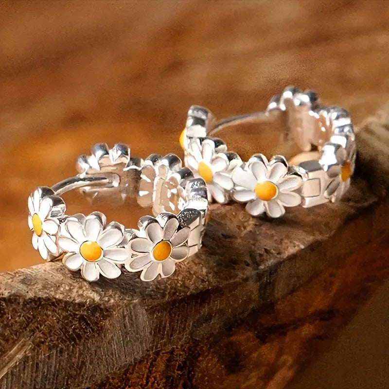 Elegant Daisy Hoop Earrings | White Gold 16k