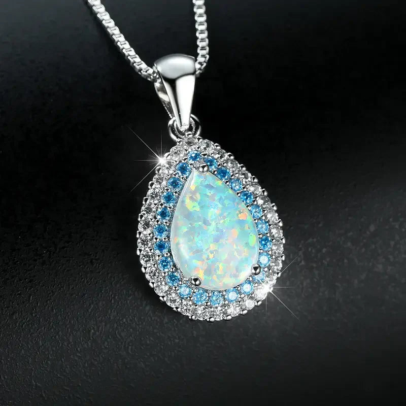 Elegant Blue Opal Drop Sparkling Necklace | White Gold 16k