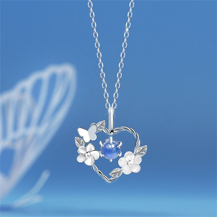 Floral Blue Crystal Heart Silver Necklace