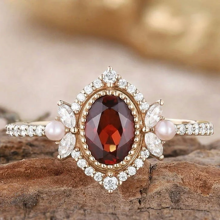 Red Glass Gold Pearl Ring