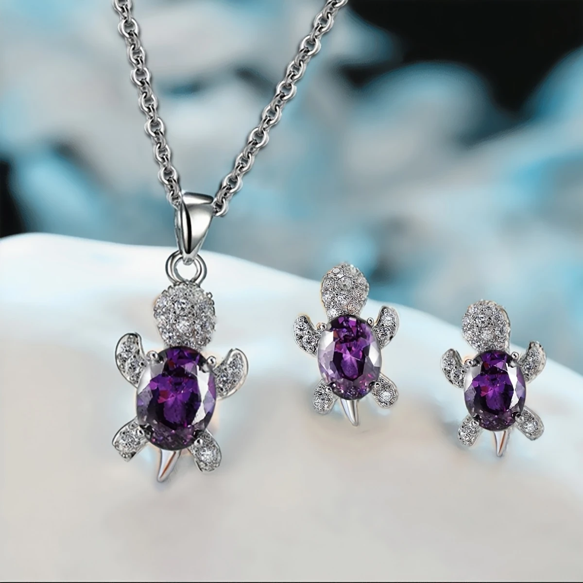 Purple Crystal Turtle Necklace + Earrings Set