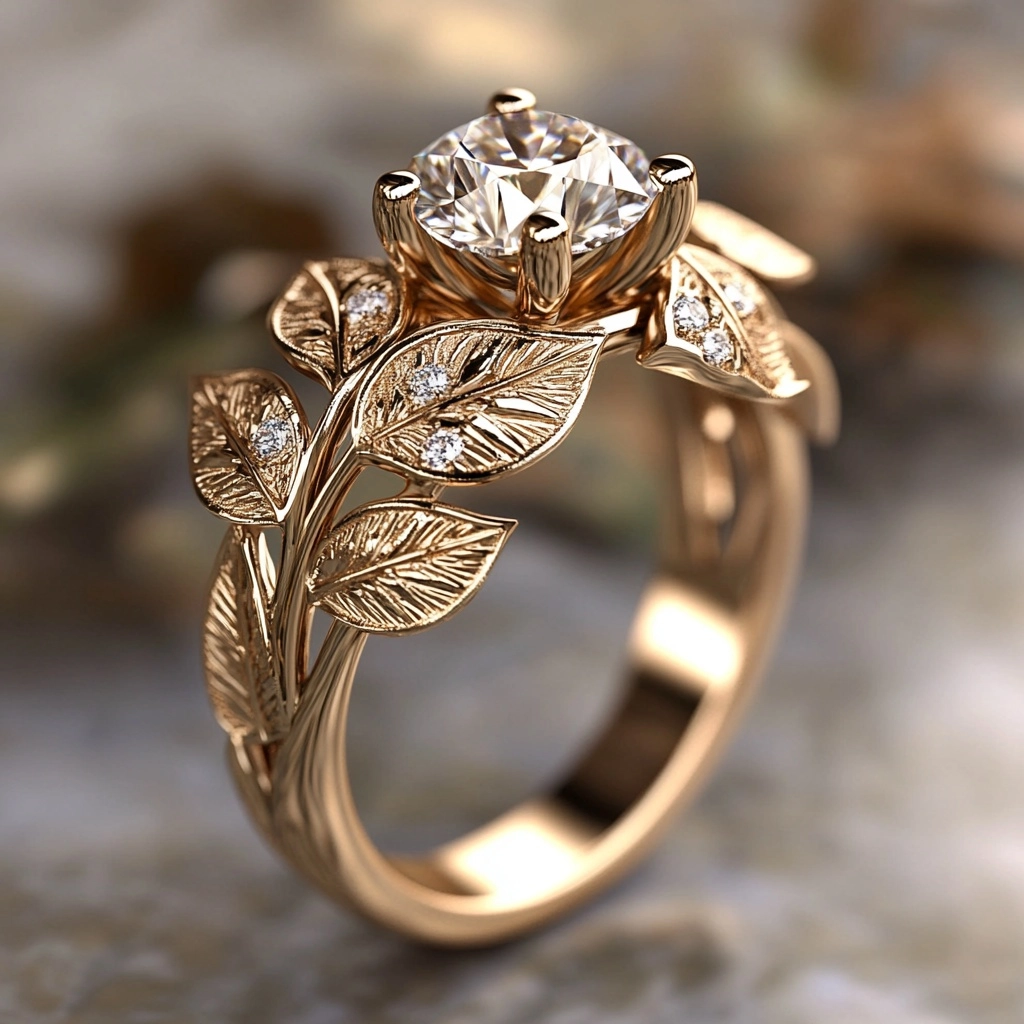 Exotic White Crystal Gold Leaf Ring