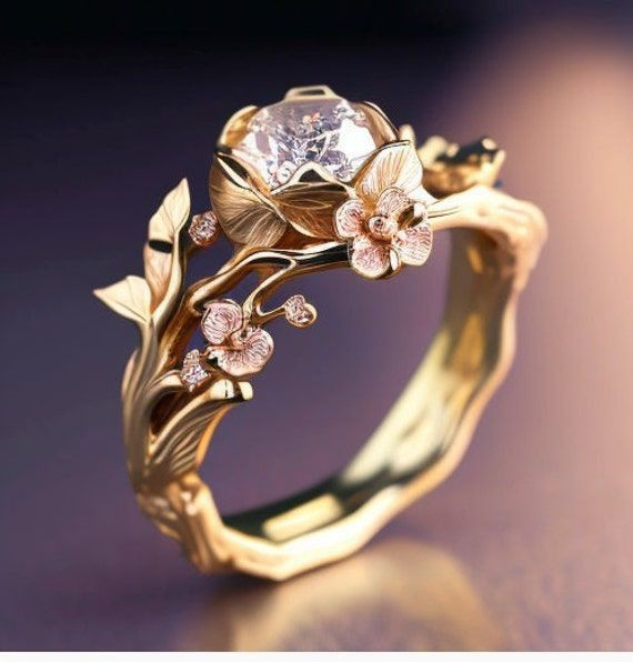 Exotic White Crystal Gold Flower Ring