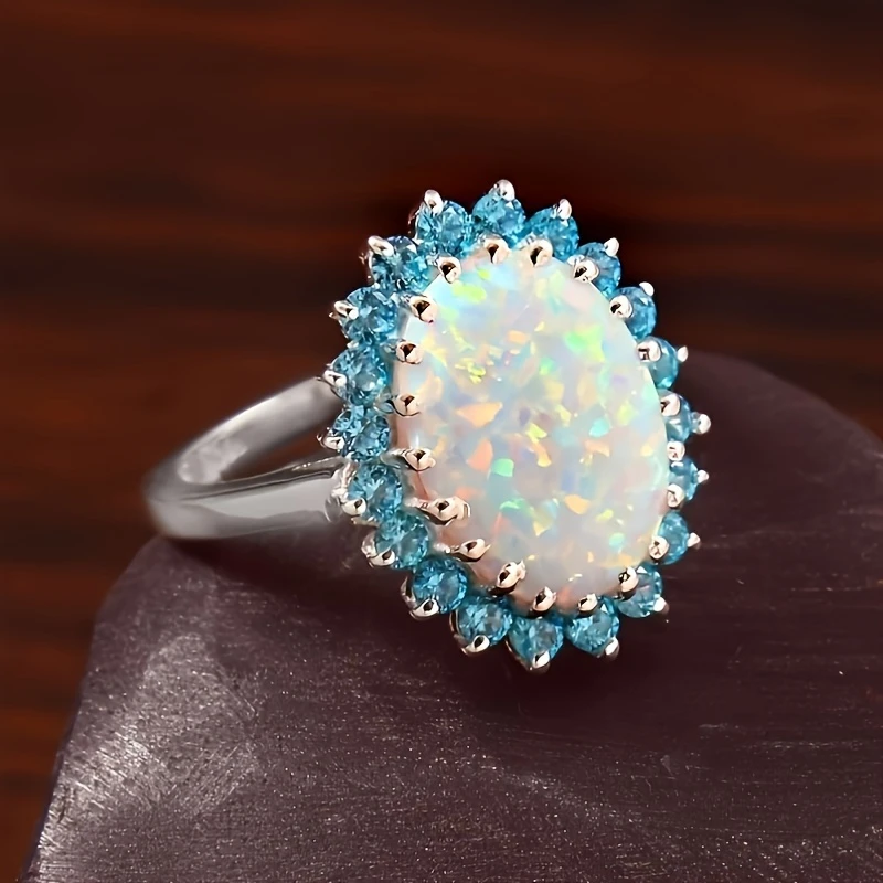 Rounded Blue & White Opal Ring