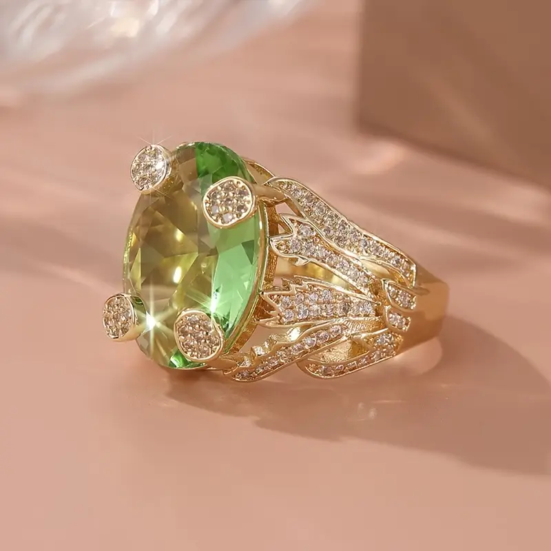 Rounded Gold Layer Olive Crystal Ring