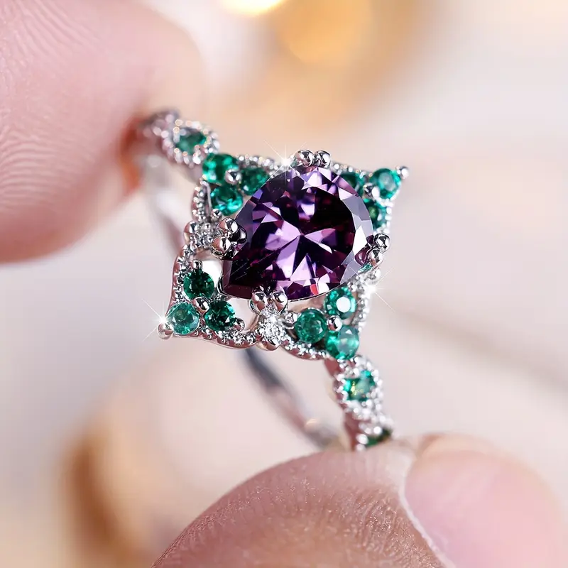 Green & Violet Round Zirconia Silver Ring