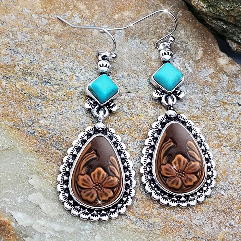 Blue Stone Drop Flower Silver Earrings