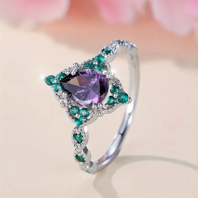 Green & Violet Round Zirconia Silver Ring
