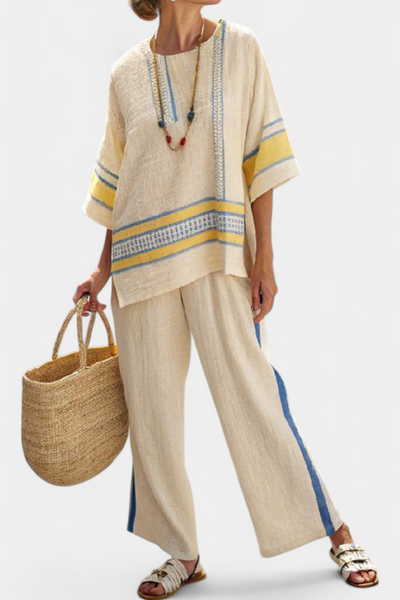 Jaxmere | Comfortable Blue-Yellow Mediterranean Top & Linen Pants