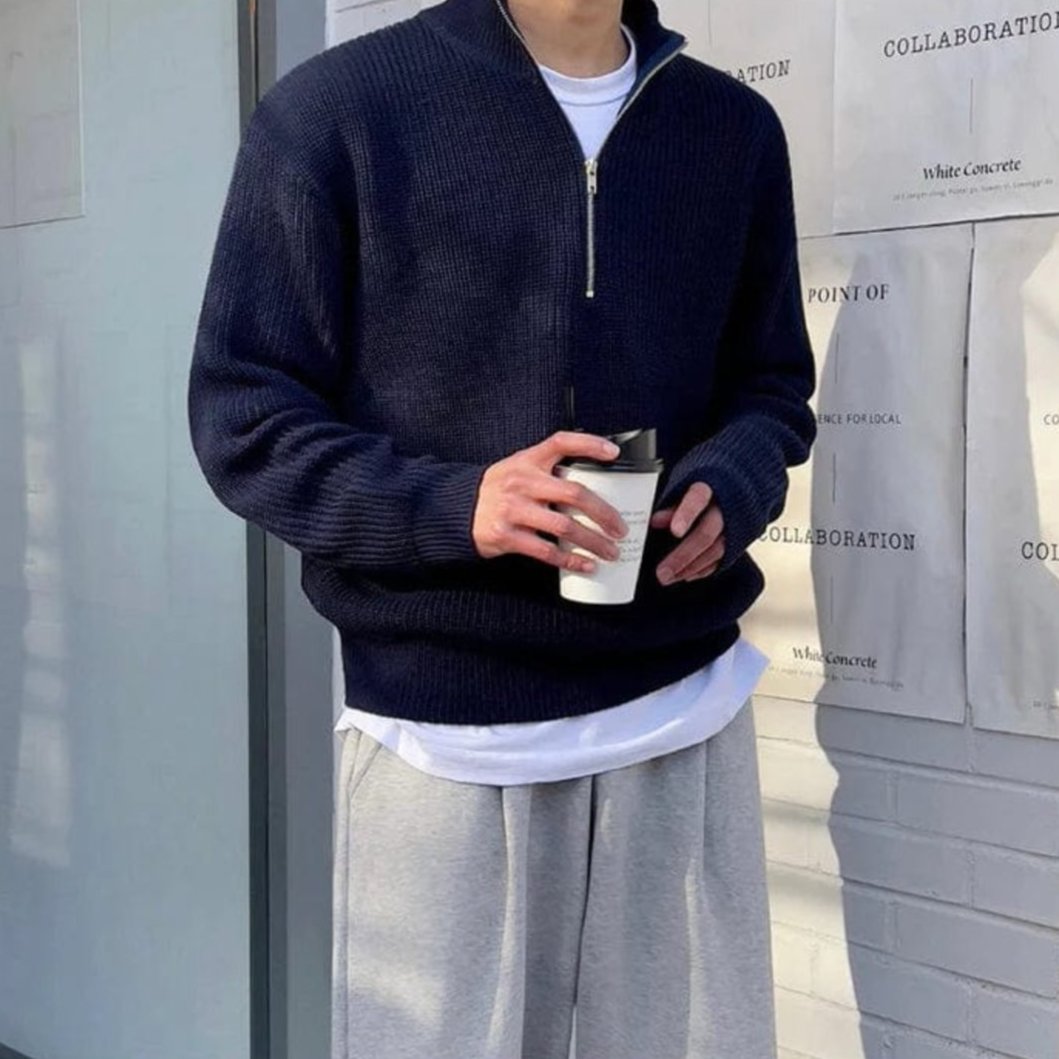 Men’s Half Zip Sweater – Wool Blend – Ribbed Knit – Relaxed Fit – Casual Style