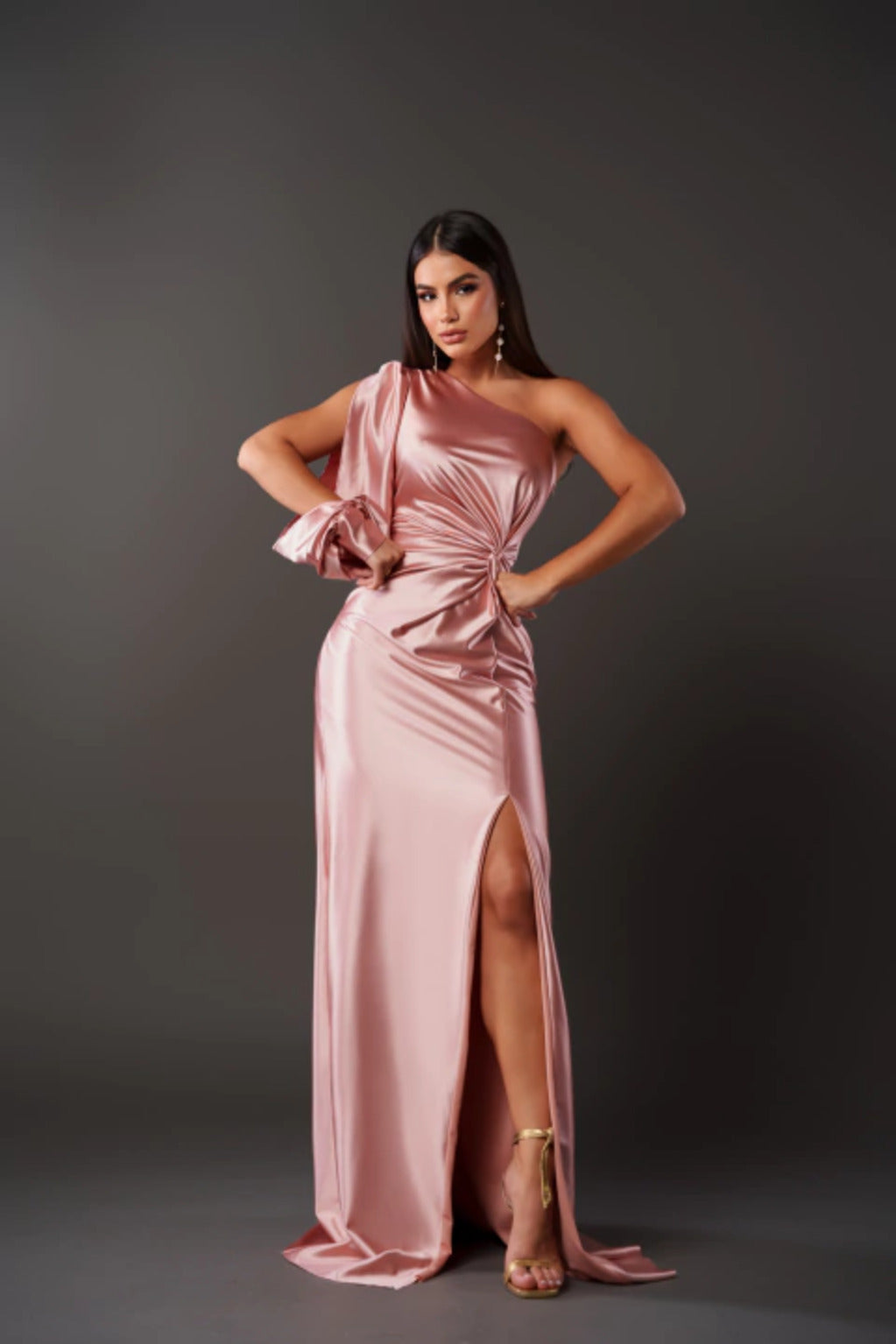 Women’s Evening Gown – Satin One-Shoulder – Draped Bodice – Fitted Floor-Length – Thigh Slit