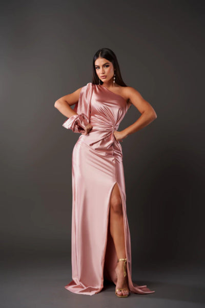 Women’s Evening Gown – Satin One-Shoulder – Draped Bodice – Fitted Floor-Length – Thigh Slit