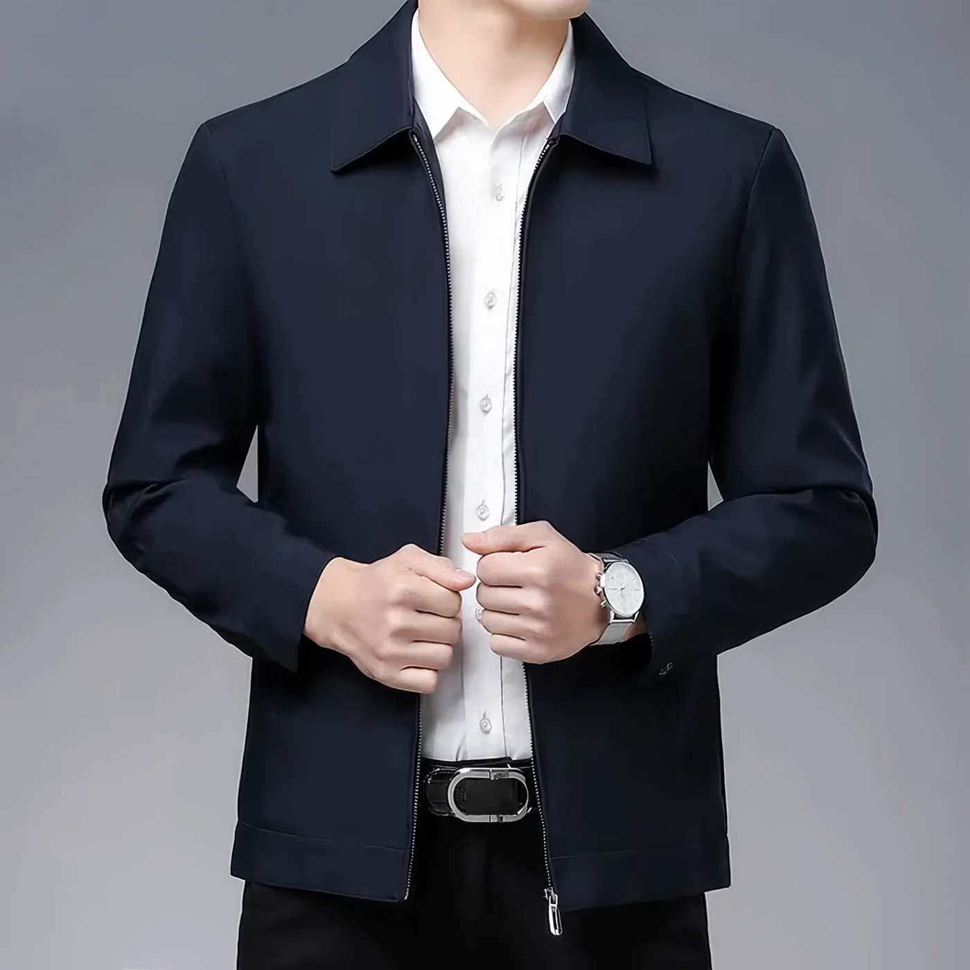 Men’s Jacket – Tailored Fit – Wool Blend – Zipper Front – Classic Collar – Hip Length