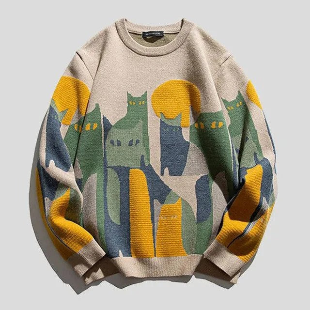 Women's Sweatshirt – Relaxed Fit – Knitted Fabric – Crew Neck – Abstract Graphic Print