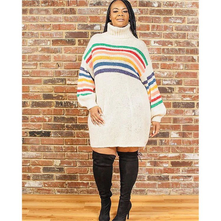 Women’s Sweater Dress – Wool Knit – Oversized Fit – Turtleneck – Balloon Sleeve – Striped