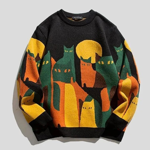 Women's Sweatshirt – Relaxed Fit – Knitted Fabric – Crew Neck – Abstract Graphic Print