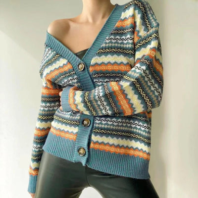 Women’s Cardigan – Relaxed Fit Knit – V-Neck – Button Front – Ribbed Hem – Bold Pattern