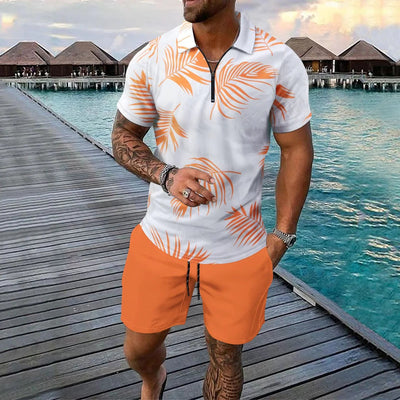 Men’s Polo Shirt – Slim Fit – Zip Neck – Tropical Print – Short Sleeve