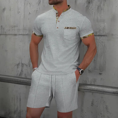 Men’s Casual Set – Slim Fit – Cotton Feel – Chest Pocket – Button Placket – Drawstring Shorts