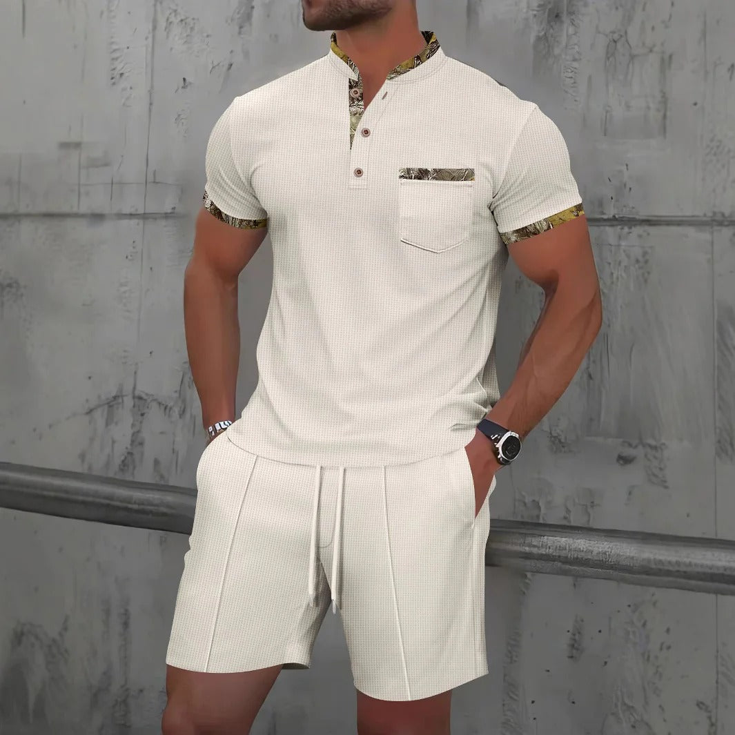 Men’s Casual Set – Slim Fit – Cotton Feel – Chest Pocket – Button Placket – Drawstring Shorts