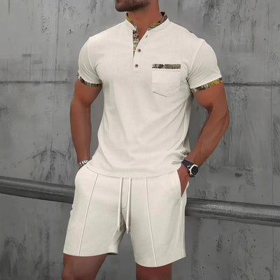 Men’s Casual Set – Slim Fit – Cotton Feel – Chest Pocket – Button Placket – Drawstring Shorts