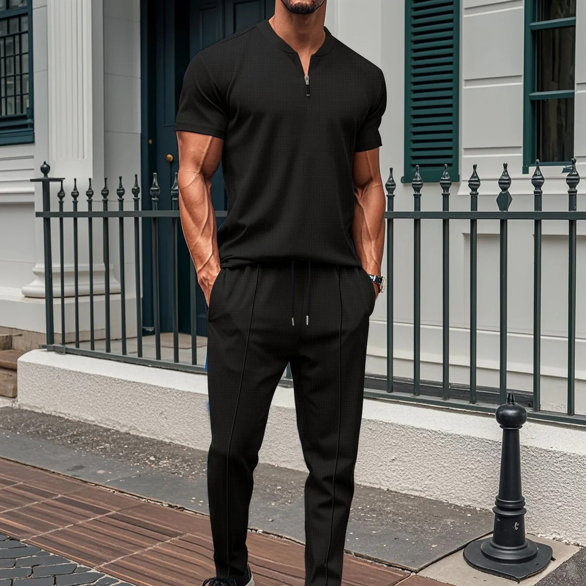 Men’s Fitness Set – Slim Fit – Short Sleeve Zip Top – Drawstring Full-Length Pants