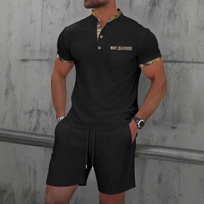 Men’s Casual Set – Slim Fit – Cotton Feel – Chest Pocket – Button Placket – Drawstring Shorts