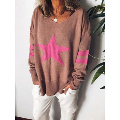 Women’s Sweater – Relaxed Fit – Soft Knit – Crew Neck – Star Print – Long Sleeve