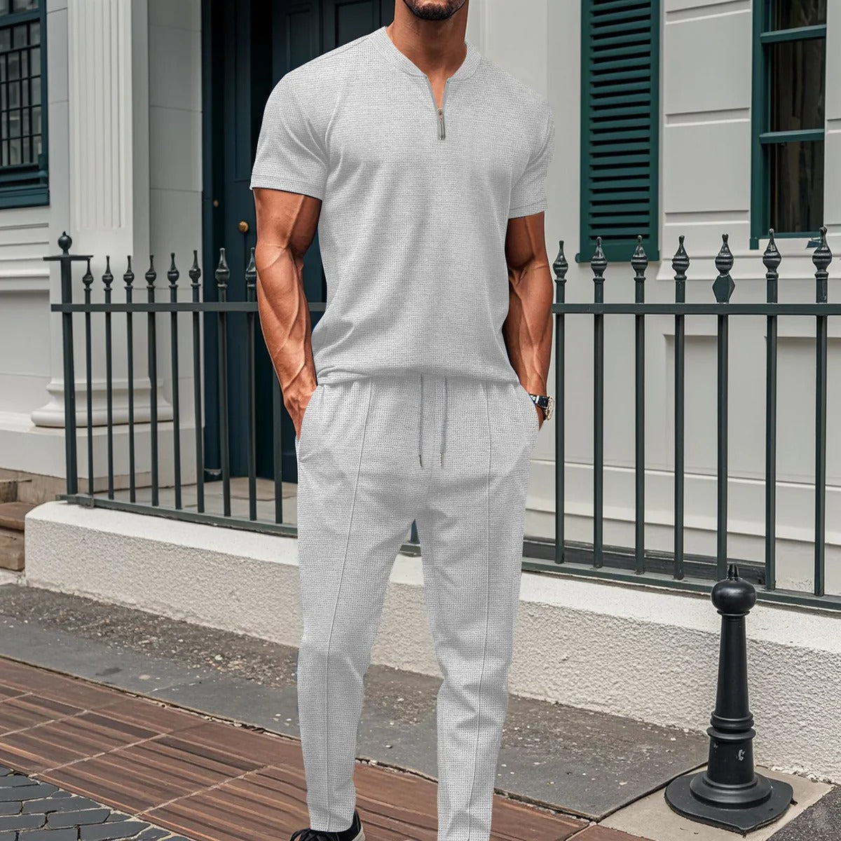 Men’s Fitness Set – Slim Fit – Short Sleeve Zip Top – Drawstring Full-Length Pants