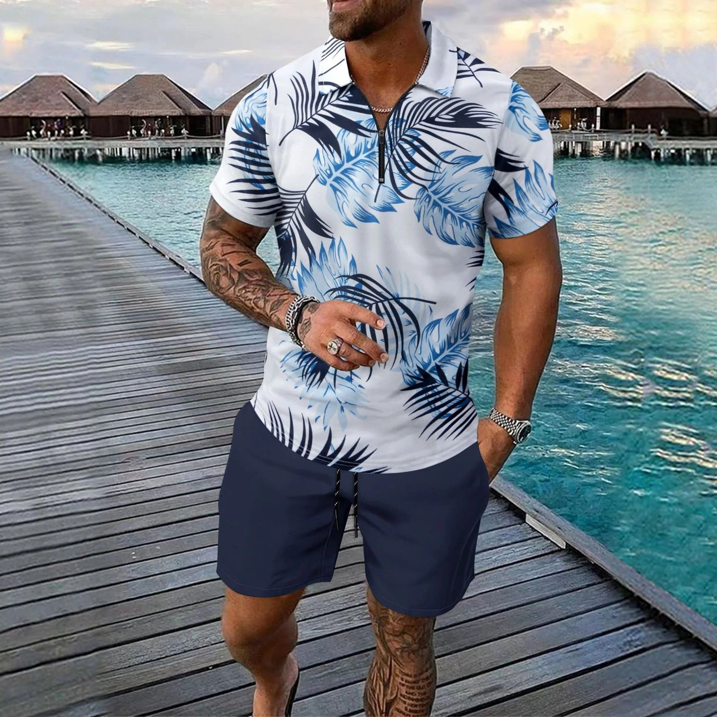 Men’s Polo Shirt – Slim Fit – Zip Neck – Tropical Print – Short Sleeve