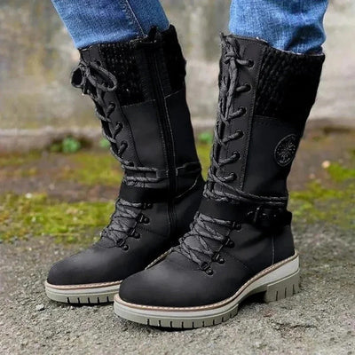 Women’s Knee-High Boots – Wool Knit Cuff – Lace-Up – Side Zipper – Buckle Strap