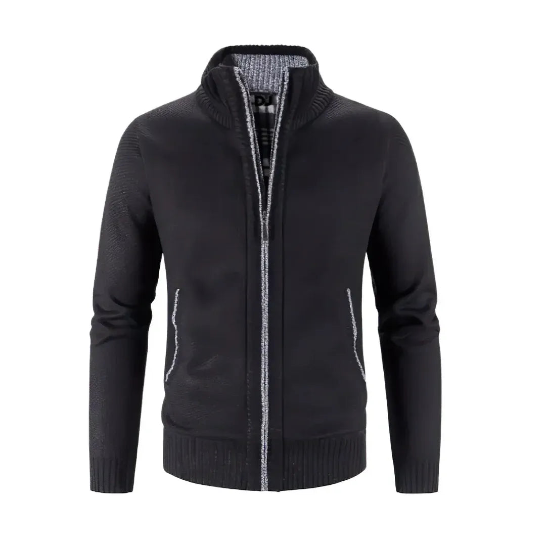 Men’s Zip-Up Cardigan – Slim Fit – Wool Knit – Ribbed Cuffs – Contrast Trim