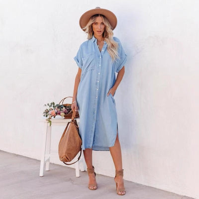 Women’s Shirt Dress – Relaxed Fit – Button Down – Short Sleeve – Collared Mid-Length