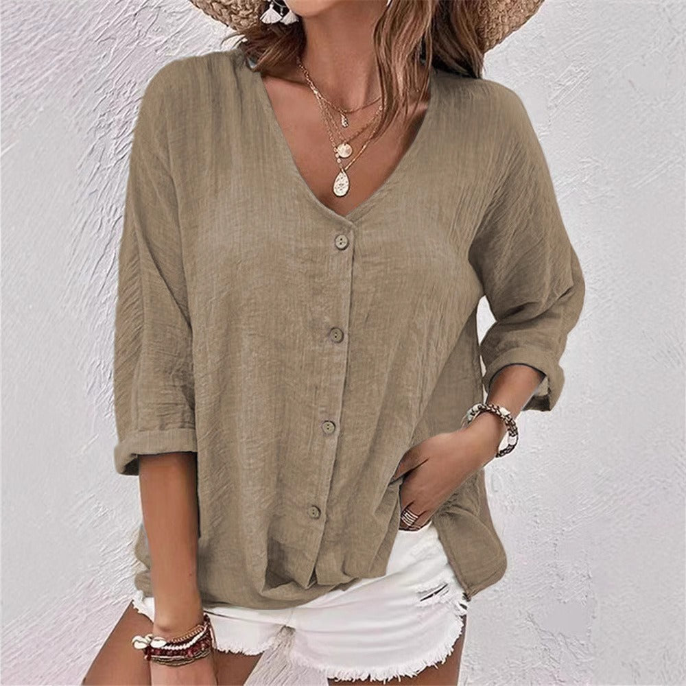 Women’s Blouse – Cotton Feel – Loose Fit – V-Neck – Button Front – Short Sleeve