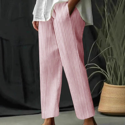 Women’s Wide-Leg Pants – Cotton Linen – Relaxed Fit – Striped – Drawstring Waist