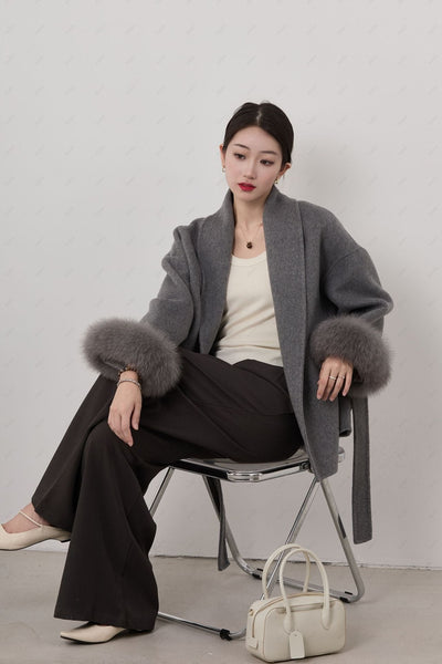 Women’s Short Coat – Wool Blend – Wrap Fit – Belted Waist – Shawl Collar – Detachable Cuffs