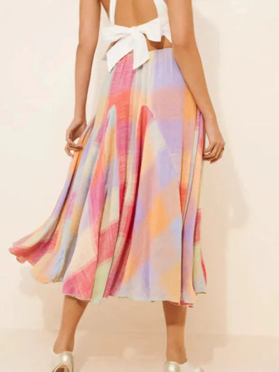 Women’s Midi Skirt – Flowy Fit – Checked Pattern – Cotton – Casual Draped Style