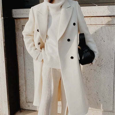 Women’s Long Coat – Slim Fit – Wool Touch – Double-Breasted – Classic Lapel