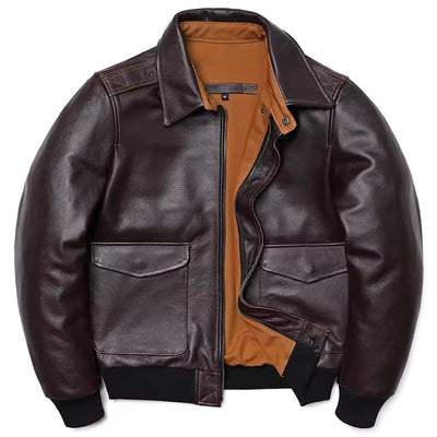 Men’s Leather Jacket – Classic Fit – Zip Front – Ribbed Cuffs – Pointed Collar