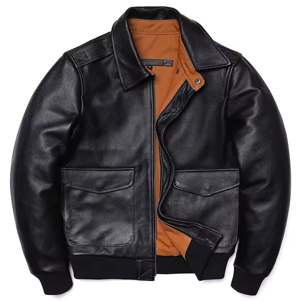 Men’s Leather Jacket – Classic Fit – Zip Front – Ribbed Cuffs – Pointed Collar