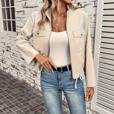 Women’s Biker Jacket – Faux Leather Look – Relaxed Fit – Zip Front – Elastic Hem