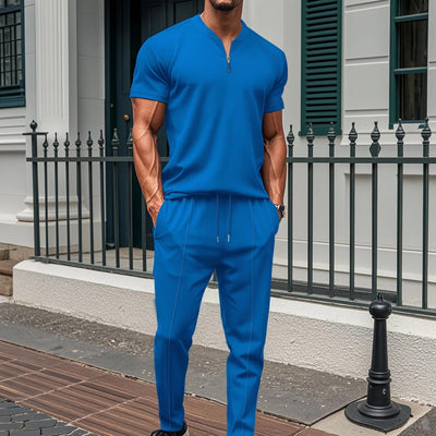 Men’s Fitness Set – Slim Fit – Short Sleeve Zip Top – Drawstring Full-Length Pants