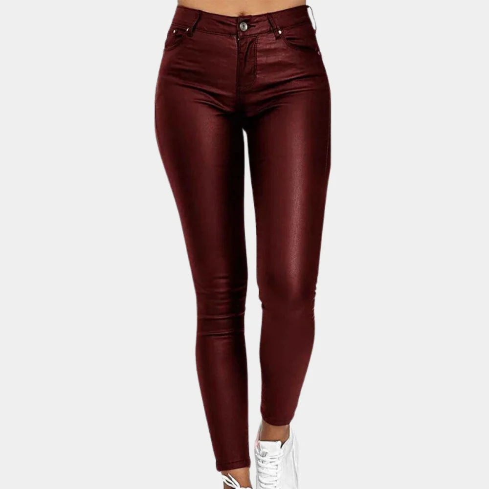 Women’s Slim Fit Pants – Leather-Look Finish – Full Length – Five Pocket Style