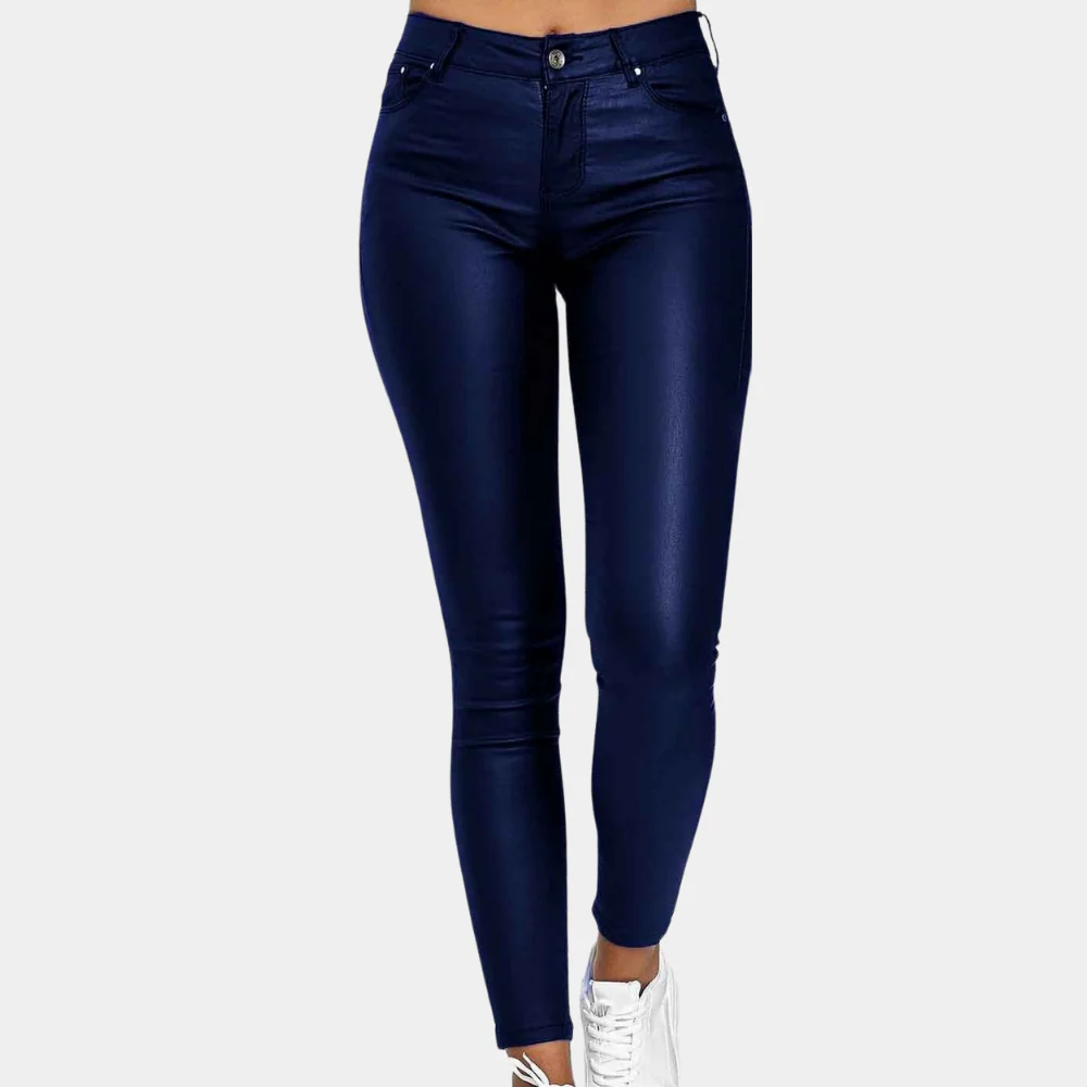 Women’s Slim Fit Pants – Leather-Look Finish – Full Length – Five Pocket Style
